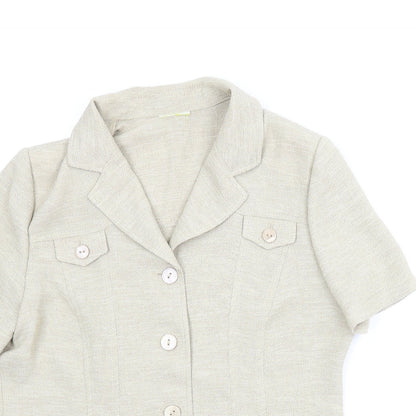 Close-up detail of Preworn women’s beige basic button-up, size UK 10
