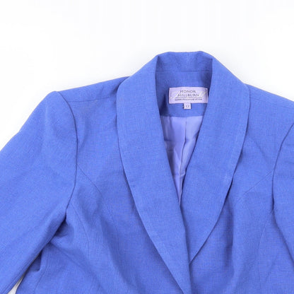Close-up detail of EWM women’s purple jacket suit jacket, size UK 12