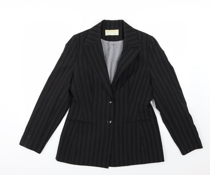 Front view of AMARANTO women’s black striped rayon jacket suit jacket, size UK 12