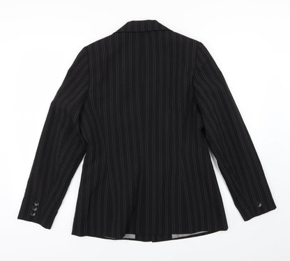 Back view of AMARANTO women’s black striped rayon jacket suit jacket, size UK 12