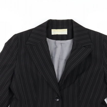Close-up detail of AMARANTO women’s black striped rayon jacket suit jacket, size UK 12