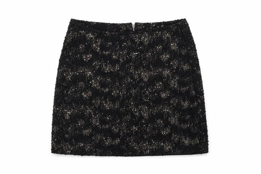 Front view of Next women’s black houndstooth flare skirt, size UK 10