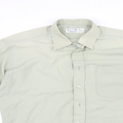 Close-up detail of Marks & Spencer men’s green button-up, size 15