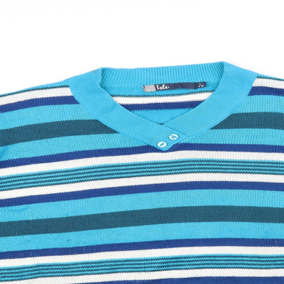 Close-up detail of Ble women’s blue striped jumper, size L