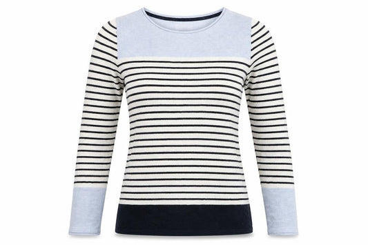 Front view of Faithful & True women’s black striped basic t-shirt, size UK 8