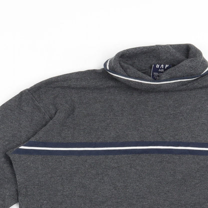 Close-up detail of Gap women’s grey striped pullover sweatshirt, size L