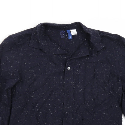 Close-up detail of H&M men’s blue button-up, size S