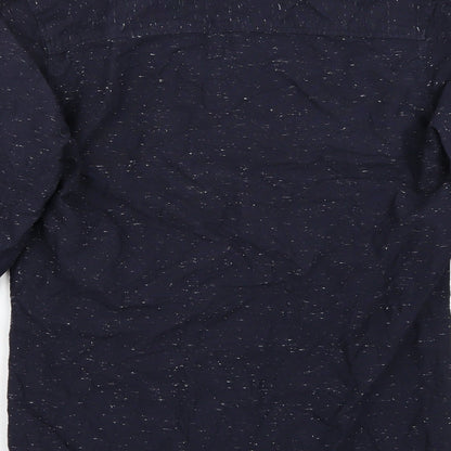 Brand and care label for H&M men’s blue button-up, size S