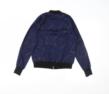 Back view of jcl women’s blue geometric varsity jacket jacket, size S