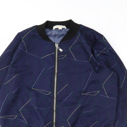 Close-up detail of jcl women’s blue geometric varsity jacket jacket, size S