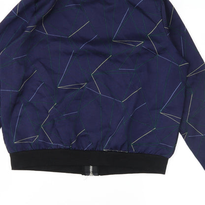 Brand and care label for jcl women’s blue geometric varsity jacket jacket, size S