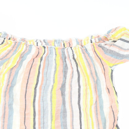 Close-up detail of Papaya women’s yellow striped basic blouse, size UK 10