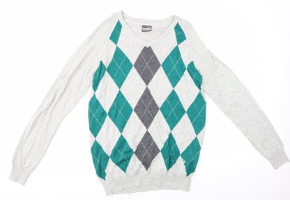 Front view of Dunlop men’s multicoloured argyle/diamond henley jumper