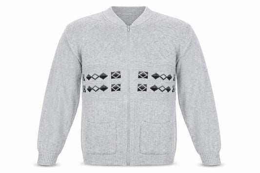 Front view of Menswear men’s grey argyle/diamond full zip sweatshirt, size M