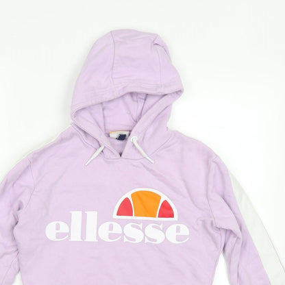 Close-up detail of Ellesse women’s purple pullover hoodie, size UK 4