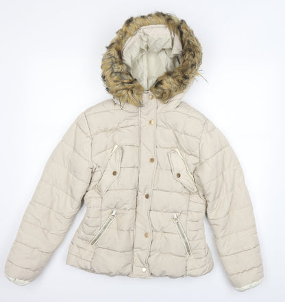 Additional front view of H&M women’s ivory puffer jacket jacket, size UK 38