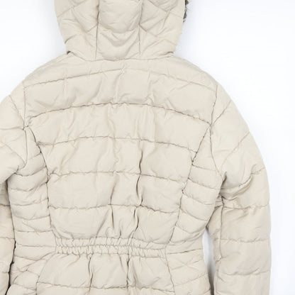 Brand and care label for H&M women’s ivory puffer jacket jacket, size UK 38