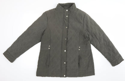 Front view of EWM women’s green quilted jacket, size UK 12