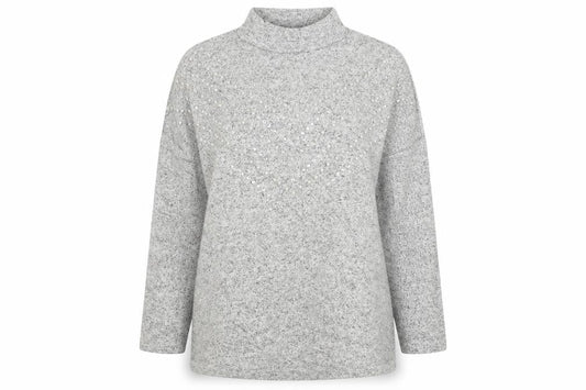 Front view of Select women’s grey striped knit jumper, size M