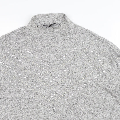 Close-up detail of Select women’s grey striped knit jumper, size M
