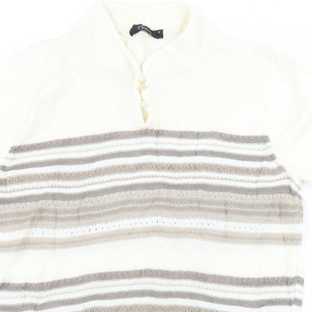 BM Collection Womens Ivory Striped  Basic T-Shirt Size M