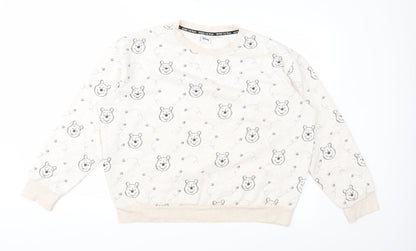 Front view of Disney women’s beige geometric pullover sweatshirt, size M, - winnie the pooh