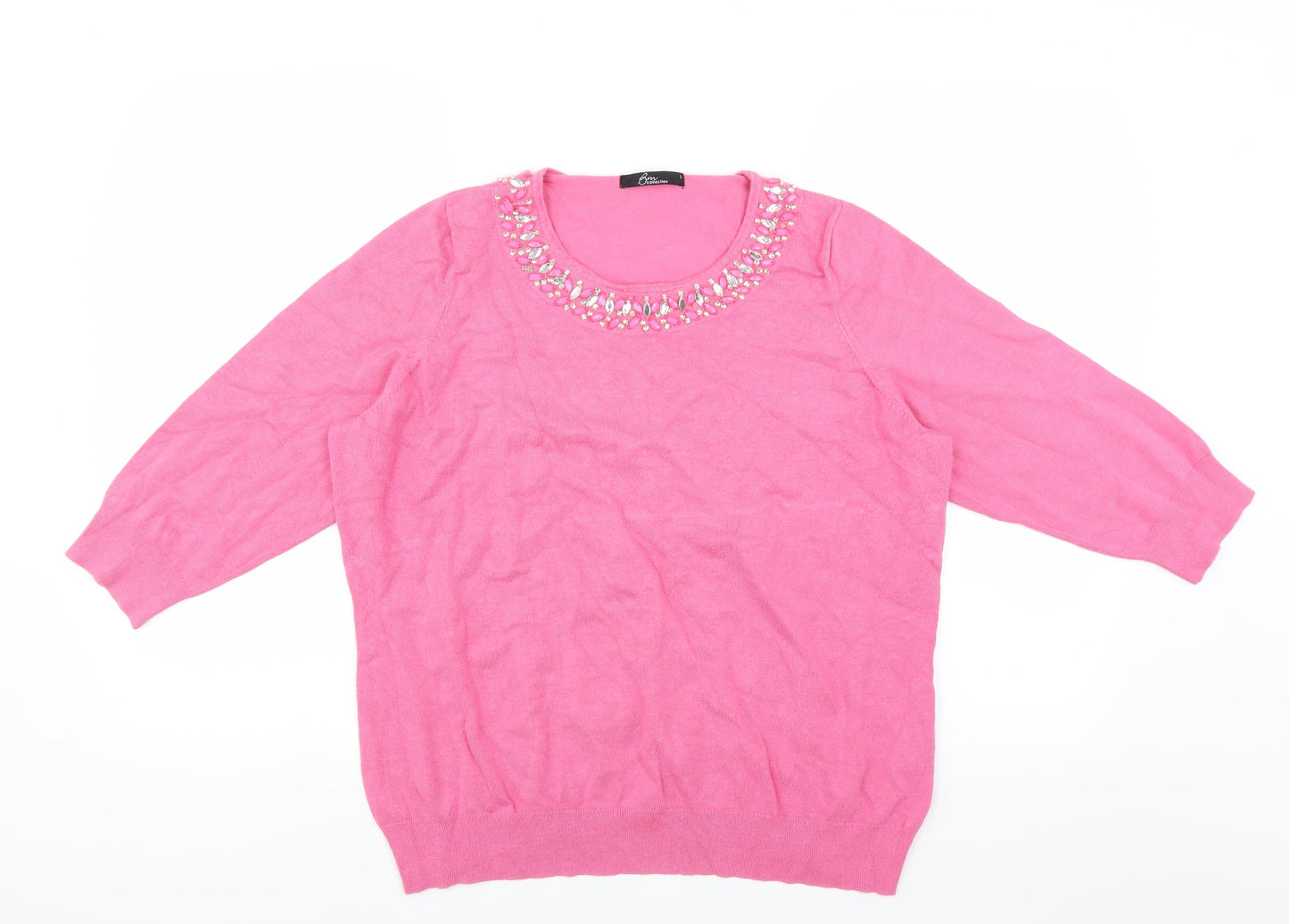 BM Collection Womens Pink   Pullover Jumper Size L  - beaded neckline