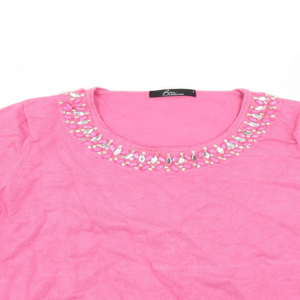 BM Collection Womens Pink   Pullover Jumper Size L  - beaded neckline