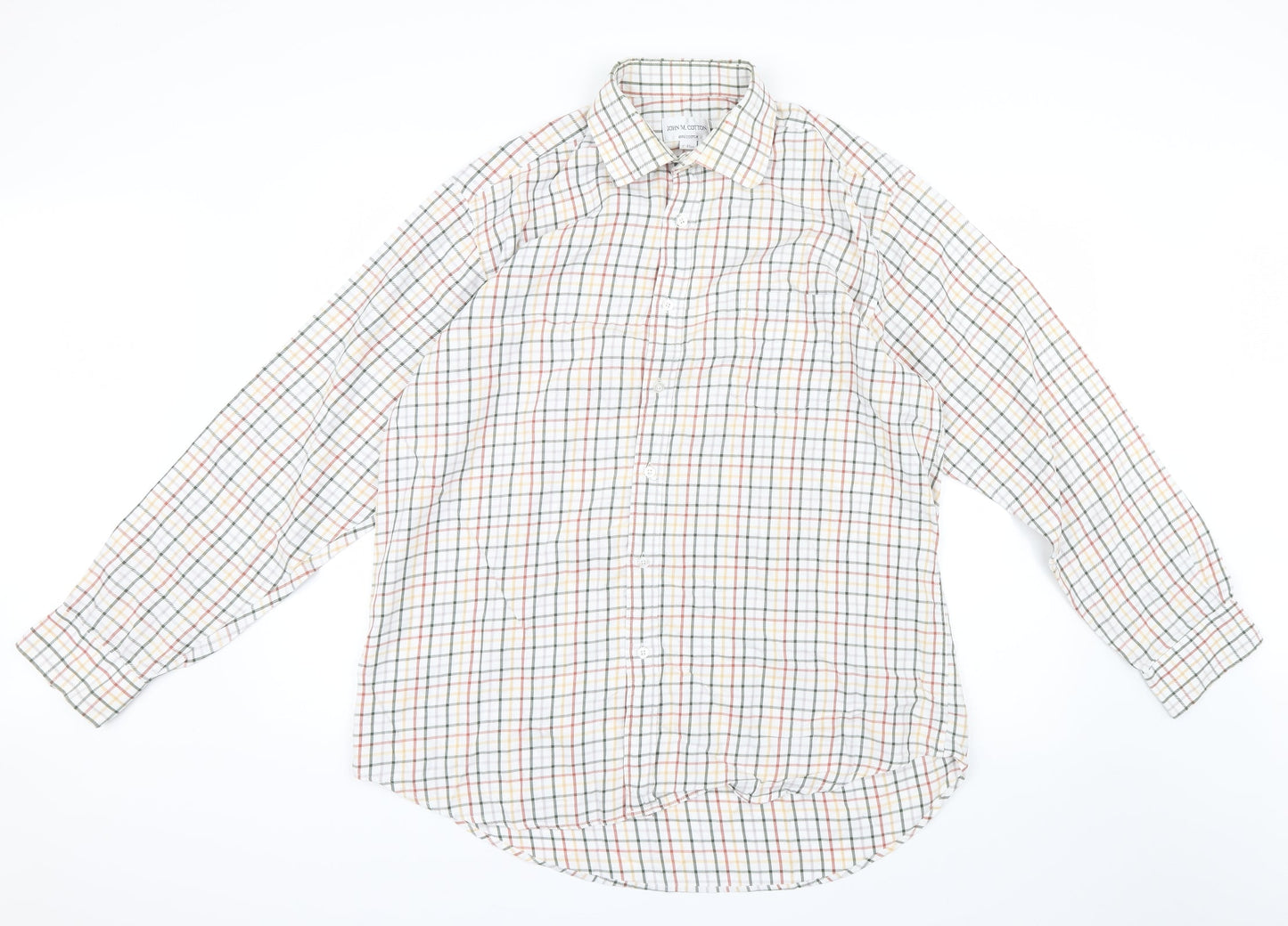 John M. Cotton Mens Green Check   Button-Up Size 17