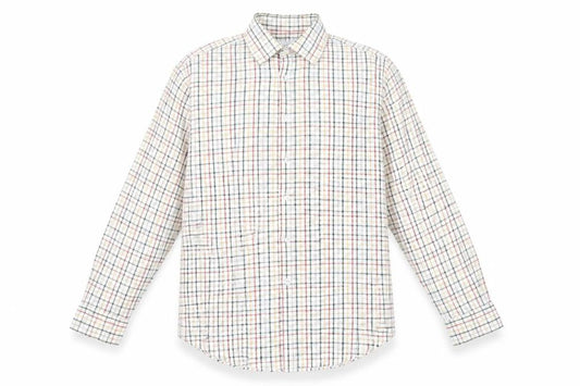 Front view of John M. Cotton men’s green check button-up, size 17