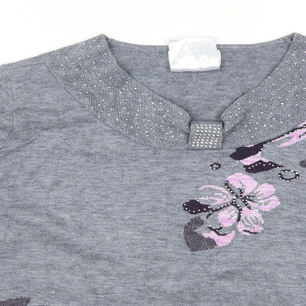 Afibel Womens Grey Floral  Pullover Jumper Size 16