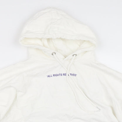 Close-up detail of H&M women’s white pullover hoodie, size S