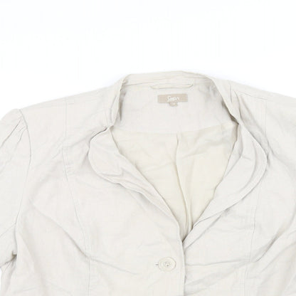 Close-up detail of Soon women’s beige jacket, size UK 10
