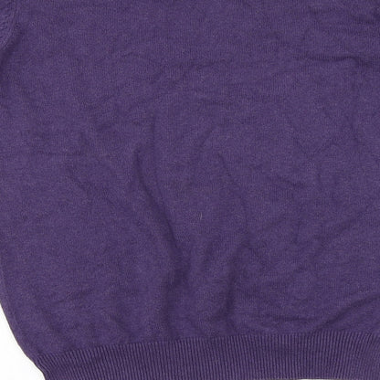 Brand and care label for H&M men’s purple jumper, size S