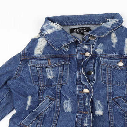 Close-up detail of Select women’s blue jacket coat, size UK 12