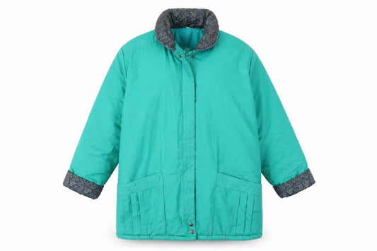 Front view of Preworn women’s green overcoat coat, size UK 14