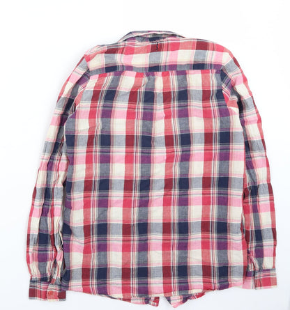 Back view of Boohoo women’s pink check basic button-up, size UK 8