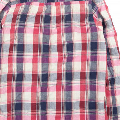 Brand and care label for Boohoo women’s pink check basic button-up, size UK 8