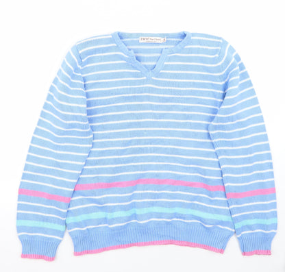 Front view of EWM women’s blue striped jumper, size M