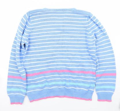 Back view of EWM women’s blue striped jumper, size M