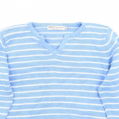 Close-up detail of EWM women’s blue striped jumper, size M
