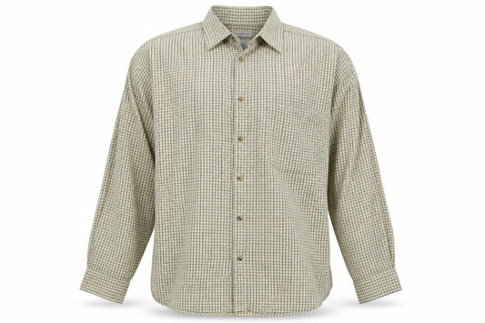 Front view of Preworn men’s yellow check button-up, size 16