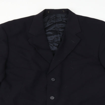 Close-up detail of Preworn men’s blue jacket suit jacket, size 40