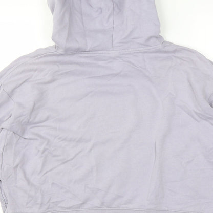 Brand and care label for H&M women’s purple pullover hoodie, size M