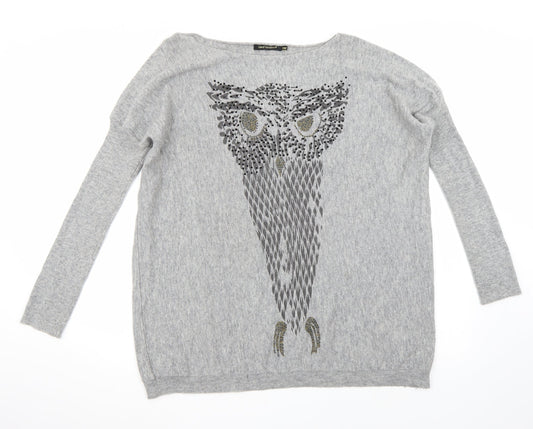 QED London Womens Grey   Pullover Jumper Size S  - Sequined Owl