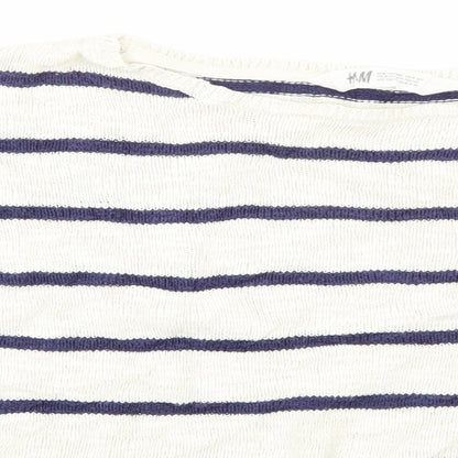 Close-up detail of H&M girls’ white striped jumper, size 8-9, years