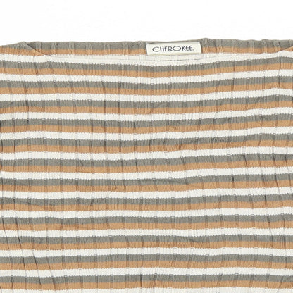 Close-up detail of Cherokee women’s multicoloured striped jumper, size UK 14