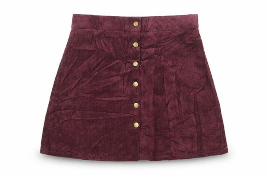 Front view of Nancy's Boutique women’s purple corduroy a-line skirt