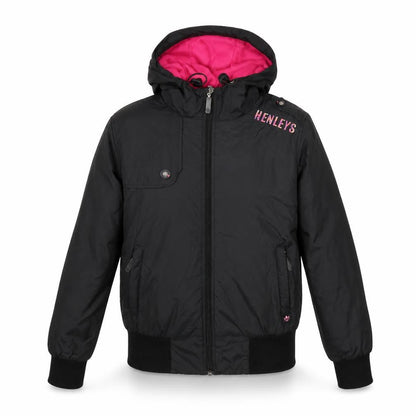 Front view of Henleys women’s black varsity jacket coat one size -, size UK 1