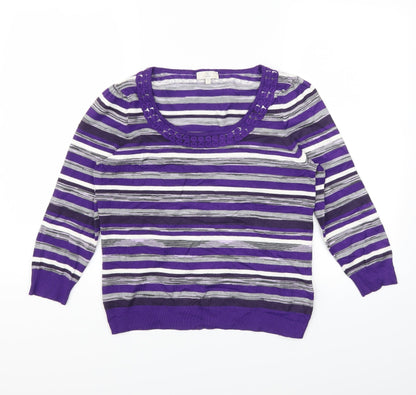 Front view of Country Casuals women’s purple striped jumper, size S